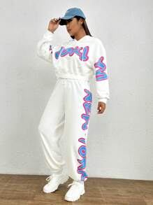 SHEIN EZwear Hơn Đồ họa Chữ cái Thả vai Dây rút Áo Hoodie & Quần thể thao - trắng - Xem 5