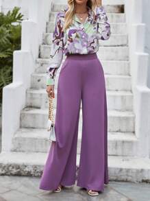 SHEIN Clasi Áo sơ mi họa tiết và quần ống rộng - Màu tím - Xem 4