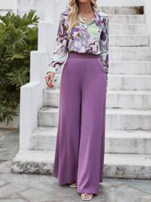 SHEIN Clasi Áo sơ mi họa tiết và quần ống rộng - Màu tím - Xem 6