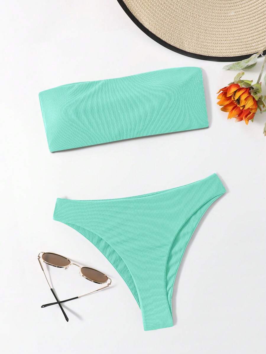 Plain Bandeau Bikini Set - Mint Green - View 1