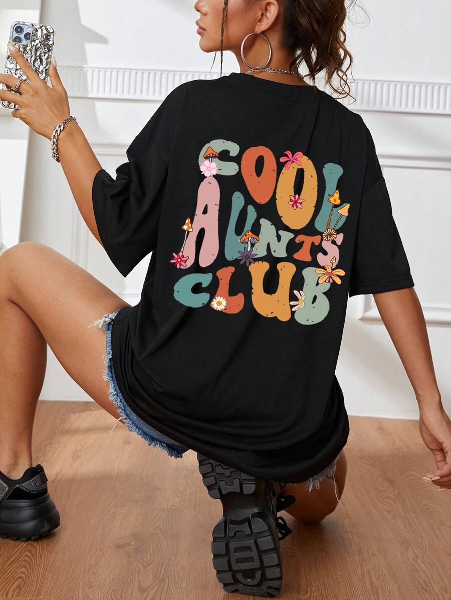 INAWLY Slogan Graphic Drop Shoulder Tee Graphic Tees Women Tops