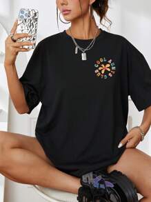 INAWLY Slogan Graphic Drop Shoulder Tee Graphic Tees Women Tops