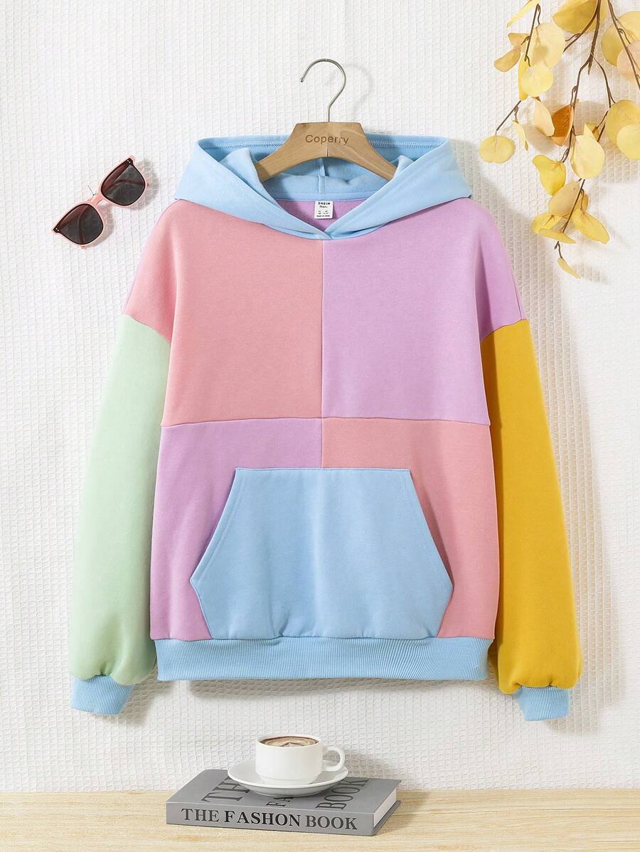 SHEIN Teen Girl Colour Block Kangaroo Pocket Drop Shoulder Hoodie - Multicolor - View 1