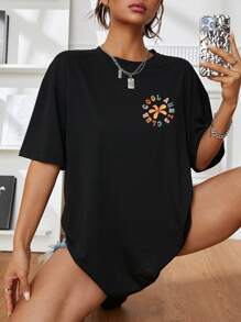 INAWLY Slogan Graphic Drop Shoulder Tee Graphic Tees Women Tops