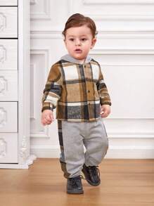 SHEIN Baby Boy Plaid Print Hooded Shirt & Sweatpants - Multicolor - View 6