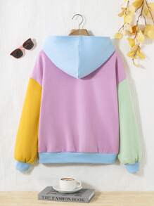 SHEIN Teen Girl Colour Block Kangaroo Pocket Drop Shoulder Hoodie - Multicolor - View 2