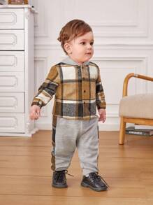 SHEIN Baby Boy Plaid Print Hooded Shirt & Sweatpants - Multicolor - View 1