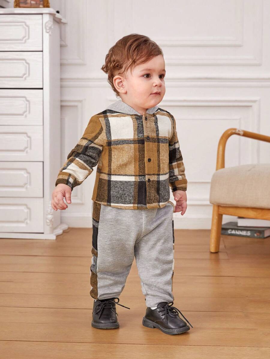SHEIN Baby Boy Plaid Print Hooded Shirt & Sweatpants - Multicolor - View 1