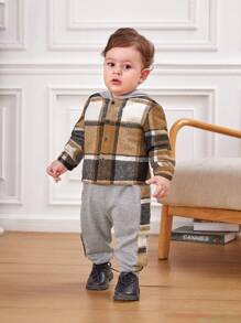 SHEIN Baby Boy Plaid Print Hooded Shirt & Sweatpants - Multicolor - View 7