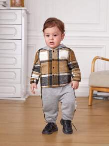 SHEIN Baby Boy Plaid Print Hooded Shirt & Sweatpants - Multicolor - View 10