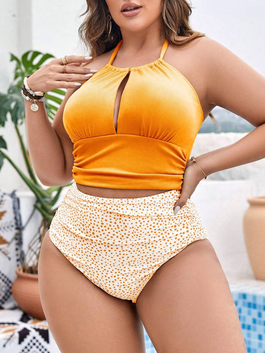 Swim Lushoire Summer Beach Plus Dalmatian Print Halter Bikini Set - Orange - View 1