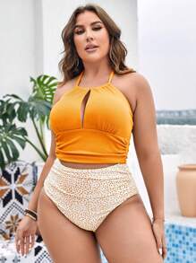 Swim Lushoire Summer Beach Plus Dalmatian Print Halter Bikini Set - Orange - View 3
