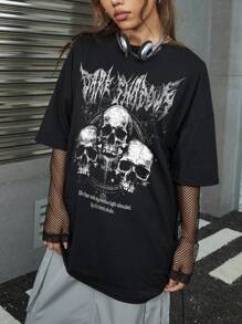 ROMWE Grunge Punk 骷髅与标语图案落肩 T 恤 DARK SHADOW 黑暗骷髅印花笼罩下的微弱而神秘的光芒，适合学校，男女通用 - 黑色 - 查看 3