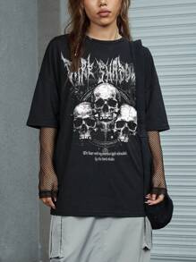 ROMWE Grunge Punk 骷髅与标语图案落肩 T 恤 DARK SHADOW 黑暗骷髅印花笼罩下的微弱而神秘的光芒，适合学校，男女通用 - 黑色 - 查看 4