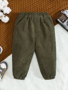 SHEIN 男嬰素色毛絨內襯長褲 - 軍綠色 - 查看 2