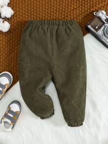 SHEIN 男嬰素色毛絨內襯長褲 - 軍綠色 - 查看 3