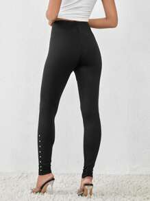 SHEIN Essnce 串珠細節緊身打底褲 - 黑色 - 查看 2