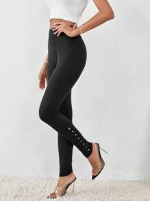 SHEIN Essnce 串珠細節緊身打底褲 - 黑色 - 查看 3