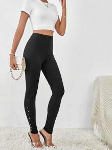 SHEIN Essnce 串珠細節緊身打底褲 - 黑色 - 查看 5