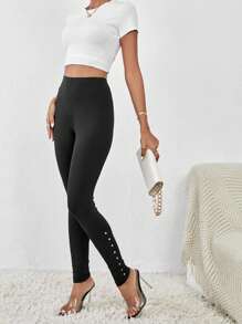 SHEIN Essnce 串珠細節緊身打底褲 - 黑色 - 查看 1