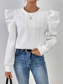 SHEIN Essnce 麻花編織羊腿袖運動衫 - 白色 - 查看 1