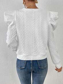 SHEIN Essnce 麻花編織羊腿袖運動衫 - 白色 - 查看 5