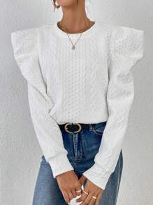 SHEIN Essnce 麻花編織羊腿袖運動衫 - 白色 - 查看 2