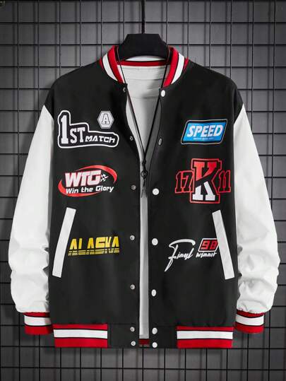 Guys Letter Graphic Striped Trim Colorblock Varsity Jacket Without Tee