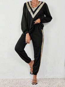 SHEIN Essnce Tương phản Sequin Tay áo lồng đèn Áo len & Quần nỉ - màu đen - Xem 1