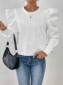 SHEIN Essnce 麻花編織羊腿袖運動衫 - 白色 - 查看 3