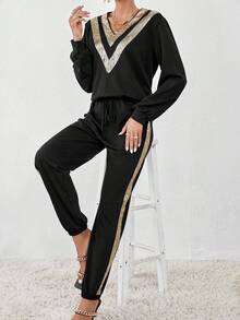 SHEIN Essnce Tương phản Sequin Tay áo lồng đèn Áo len & Quần nỉ - màu đen - Xem 4