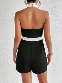 SHEIN Privé 拼接邊繞頸露背吊脖連體短褲 - 黑色 - 查看 3
