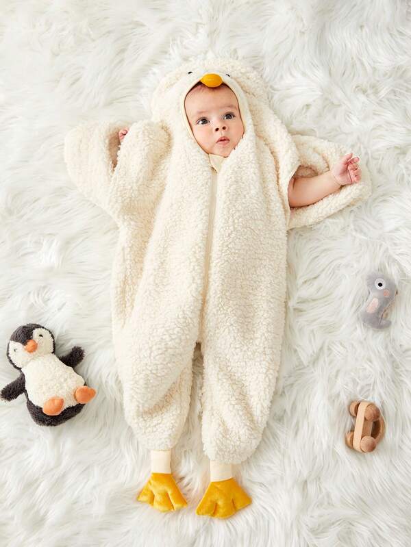 SHEIN Dziewczynka Kreskówki Zapiąć na zamek błyskawiczny Z Kapturem Futerkowy Kostium kombinezon