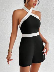 SHEIN Privé 拼接邊繞頸露背吊脖連體短褲 - 黑色 - 查看 4