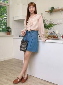 DAZY Blusa de manga amplia ribete con fruncido - Albaricoque - Ver 10