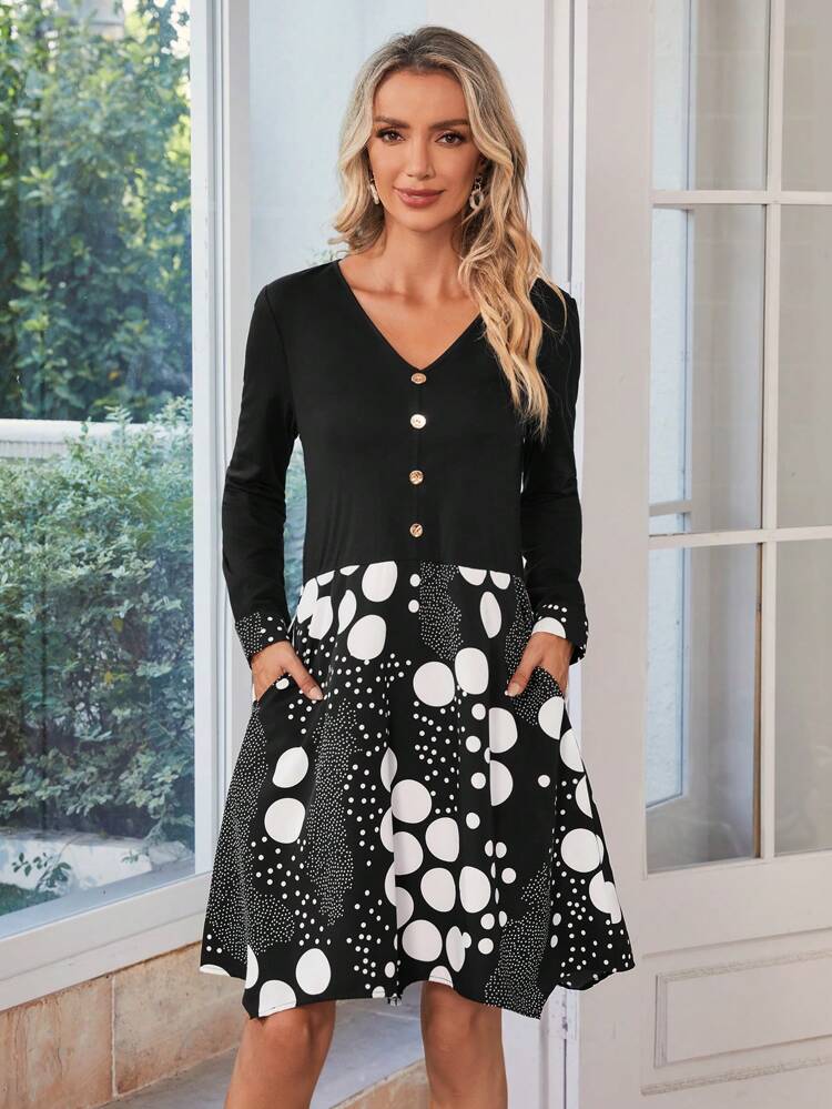 Polka Dot Print Button Front Dress