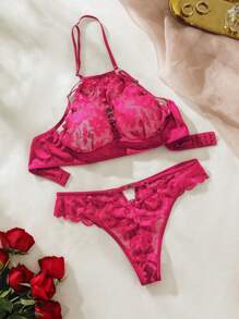 Floral Lace Cut Out Lingerie Set - Burgundy - View 2