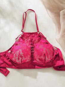 Floral Lace Cut Out Lingerie Set - Burgundy - View 7