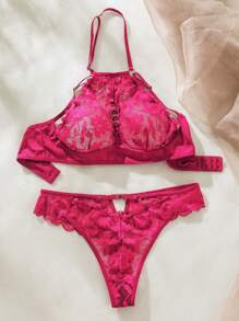 Floral Lace Cut Out Lingerie Set - Burgundy - View 8
