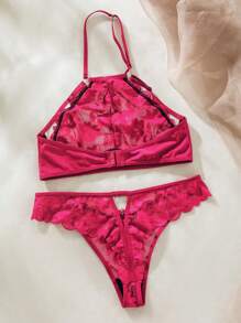 Floral Lace Cut Out Lingerie Set - Burgundy - View 9