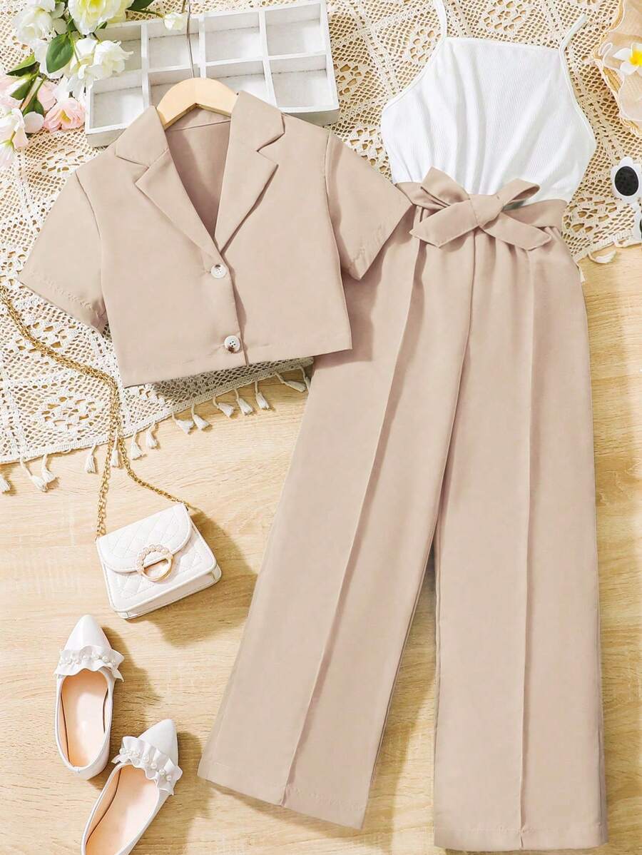 SHEIN Tween Girl Lapel Neck Blouse & Belted Wide Leg Cami Jumpsuit - Multicolor - View 1