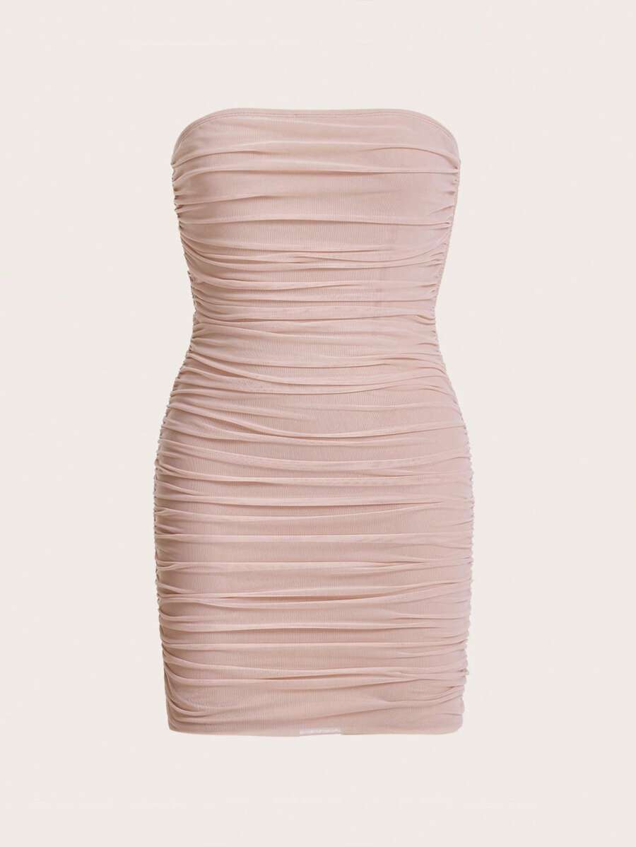 SHEIN EZwear 褶邊網紗抹胸緊身連衣裙 - 杏色 - 查看 1