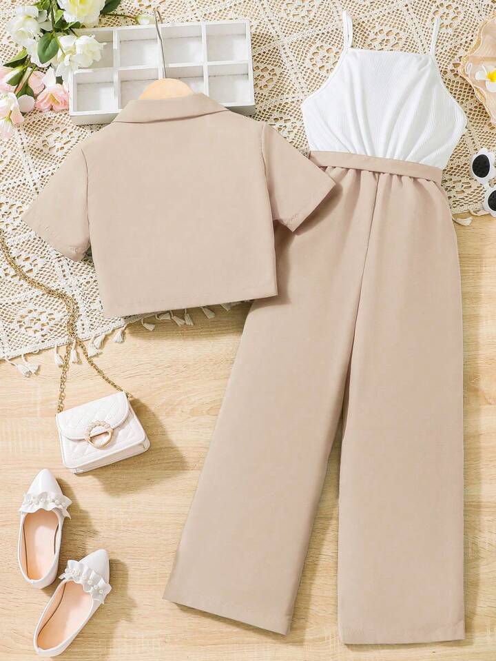 SHEIN Tween Girl Lapel Neck Blouse & Belted Wide Leg Cami