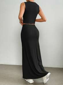 SHEIN X Jessie SHEIN EZwear Cổ áo tương phản Áo ba lỗ & Váy - màu đen - Xem 2