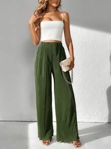 SHEIN Tall Solid Wide Leg Pants - Army Green - View 1