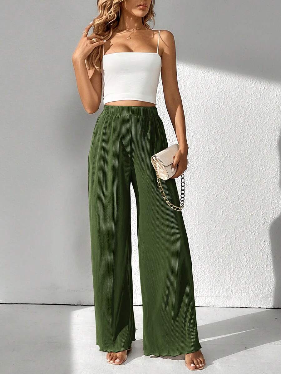 SHEIN Tall Solid Wide Leg Pants - Army Green - View 1