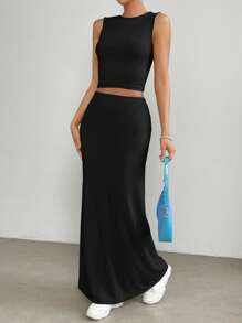 SHEIN X Jessie SHEIN EZwear Cổ áo tương phản Áo ba lỗ & Váy - màu đen - Xem 3