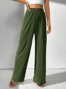 SHEIN Tall Solid Wide Leg Pants - Army Green - View 3