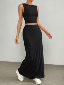 SHEIN X Jessie SHEIN EZwear Cổ áo tương phản Áo ba lỗ & Váy - màu đen - Xem 5