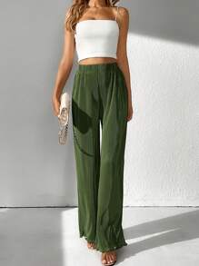 SHEIN Tall Solid Wide Leg Pants - Army Green - View 4